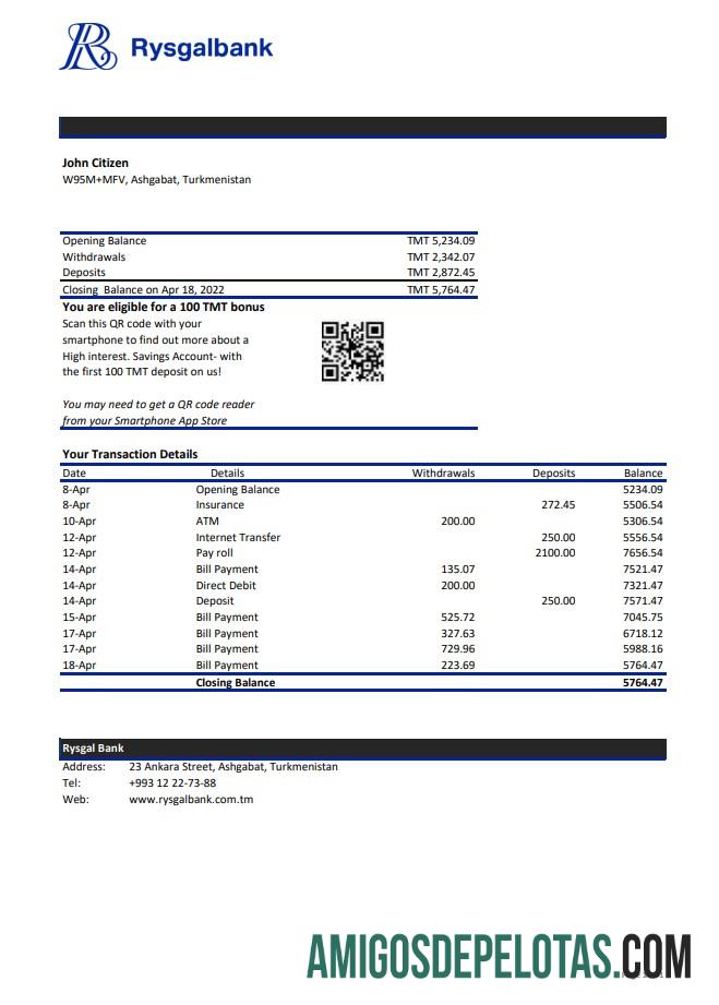 Exemplo de extrato bancário Rysgal do Turcomenistão Xls